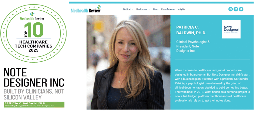 Image of MedHealth Review to 10 Tech Companies recognition, with a picture of Note Designer President Patricia C. Baldwin